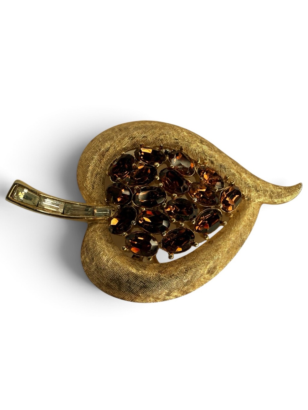 Vintage Crown Trifari Gold Leaf Brooch With Amber Rhinestones - Picture 7 of 13
